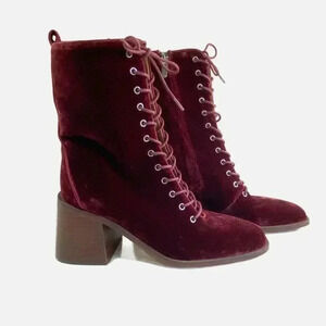Sam Edelman Westie Brick Velvet Size 6 Chunky Heel Squared Toe Lace Up Boots